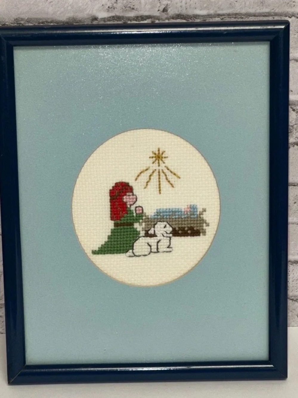 Holiday Nativity Cross Stitch Wall Art - Blue Frame